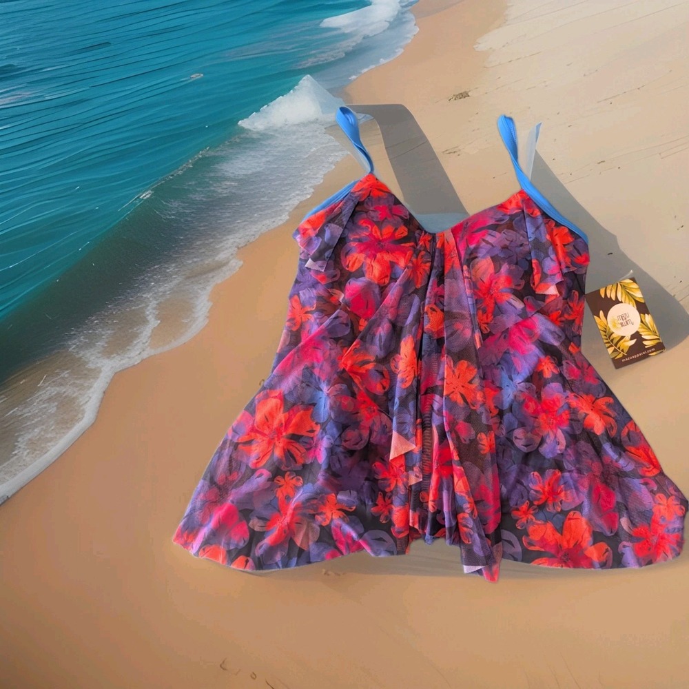 NWT Mazu Swim Tankini Top Drape Tiered Mesh Swimwear Size 8 Abstract Floral